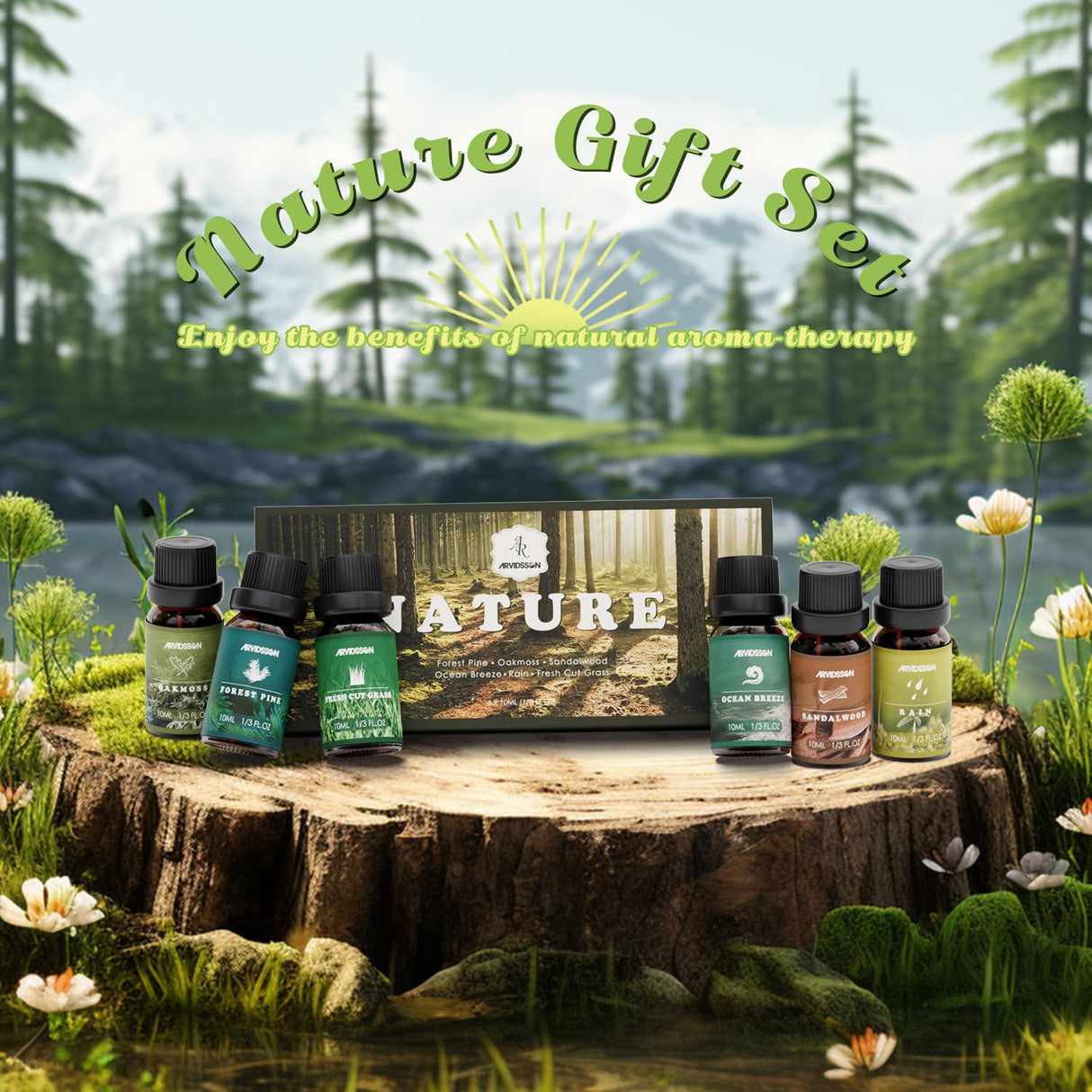 Nature Essential Oils Set, ARVIDSSON Natural Fragrance Oils for Candle Making, Fresh Cut Grass, Ocean Breeze, Rain, Pine, Sandalwood, Oakmoss, Diffuser Scented Oils ARVIDSSON