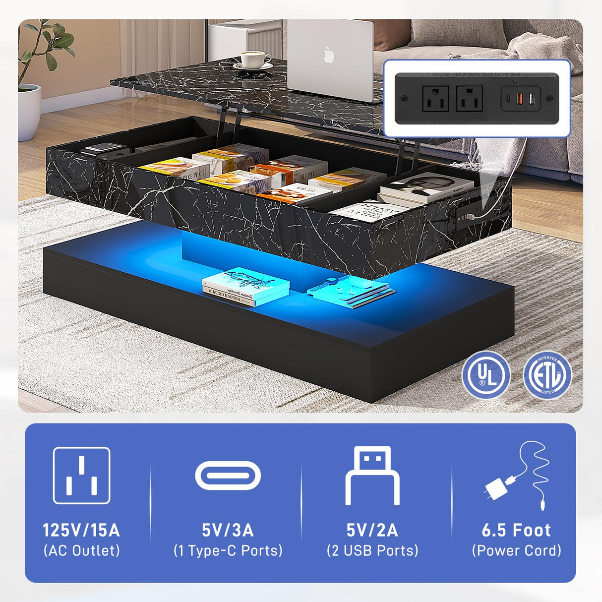 chartustriable 47.2" Large Lift Top Coffee Table with Charging Station, LED Modern High Glossy Center Table with Hidden Compartment Storage, White Lift Living Room Tables with Marbling Print, Black chartustriable