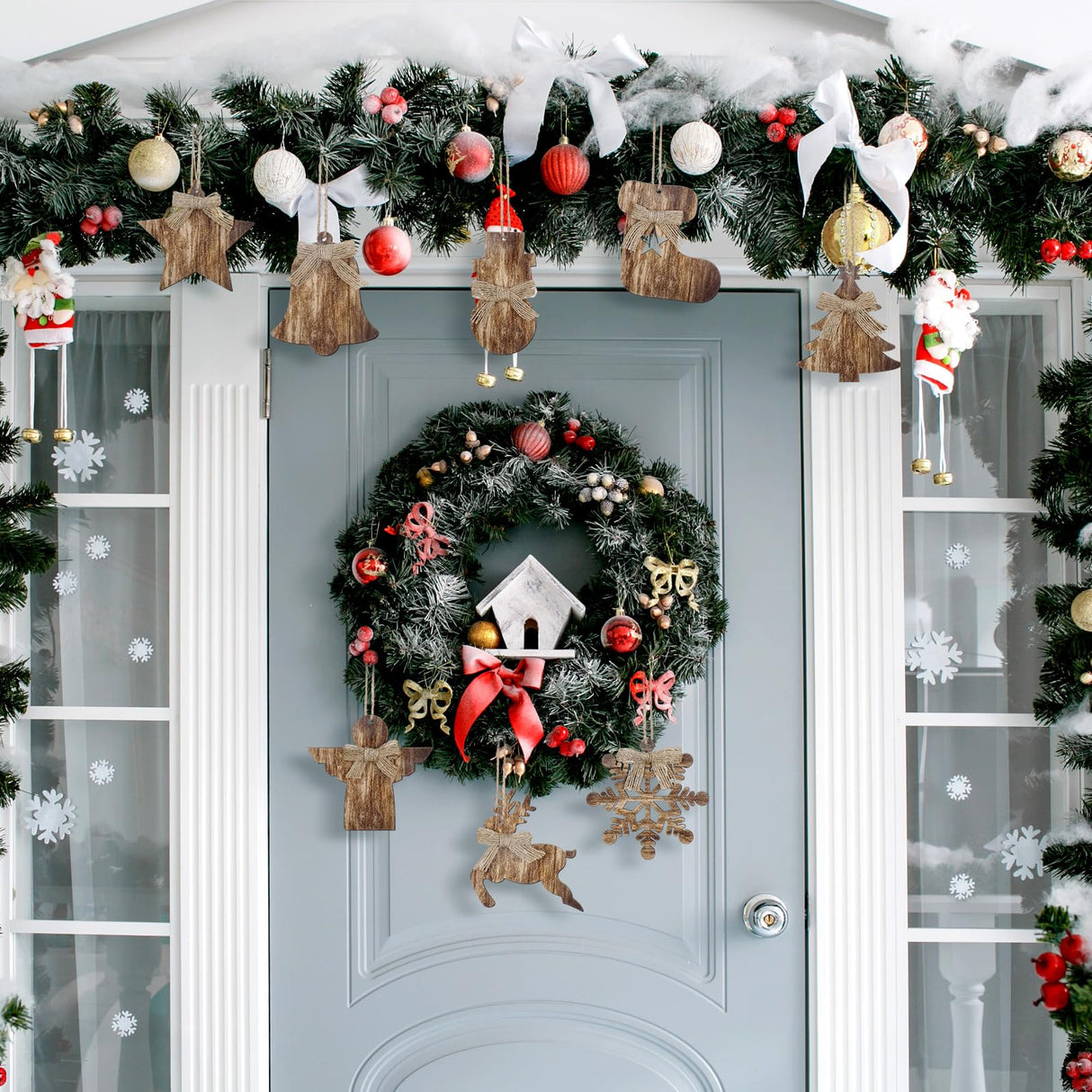 Lineshading 8 Pcs Rustic Christmas Tree Ornaments Xmas Angles Snowflake Wood Ornaments Angel Snowman Farmhouse Wood Decorations Christmas Tree Hanging Ornaments for Home Winter Party Lineshading