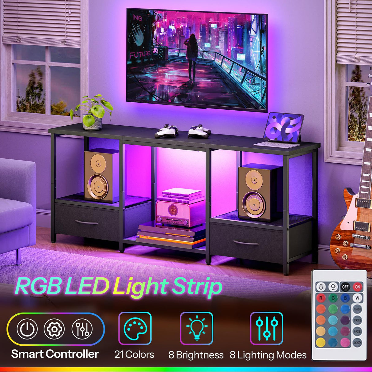 HOOBRO LED TV Stand with Storage, LED Entertainment Center with Open Shelves and Drawer, Fits TVs up to 55", Television Stand for Living Room, Bedroom, Black BB123DDS01 HOOBRO