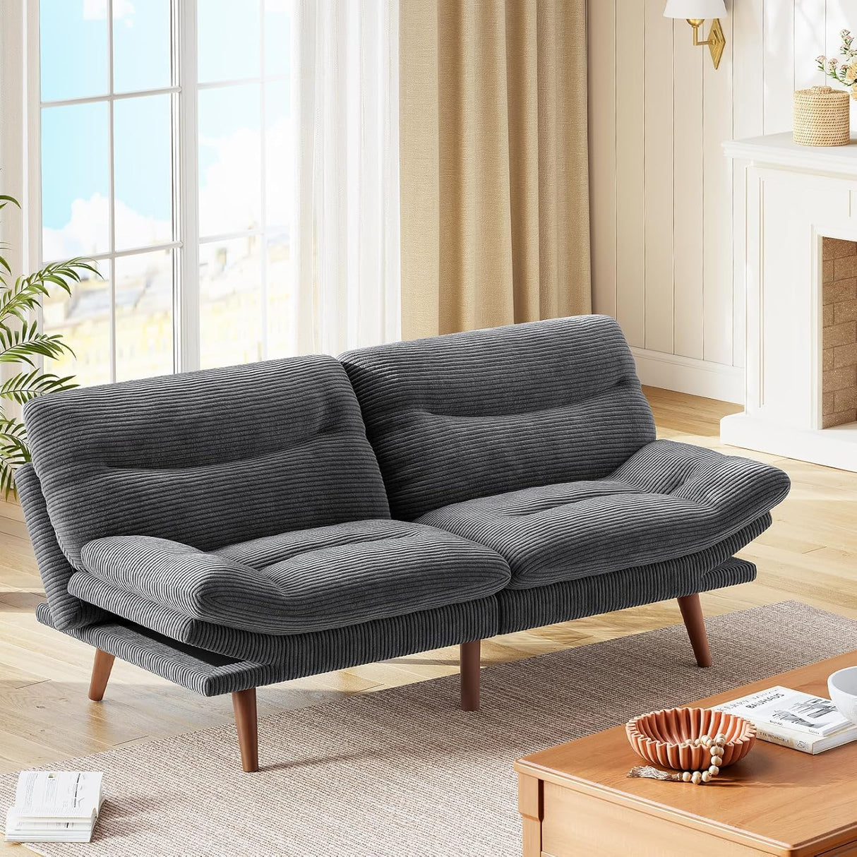 Marsail Futon Sofa Bed, Futon Couch with Adjustable Backrest & Armrests, Convertible Small Sleeper Sofa Bed for Small Apartments, Study Room, Office, Corduroy Loveseat, Dark Grey Marsail