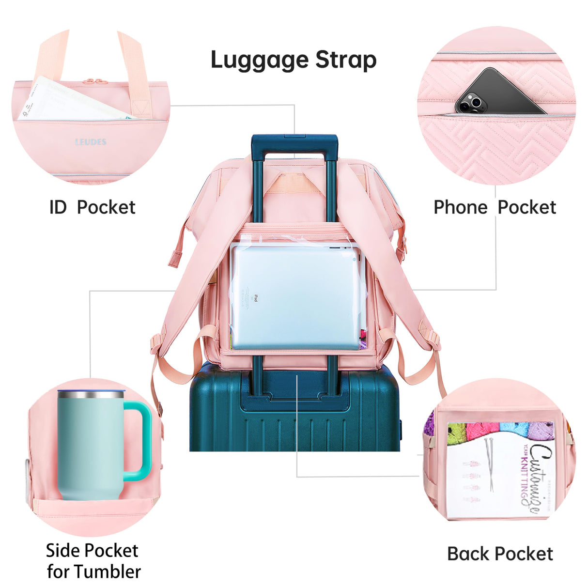 Leudes Knitting Bag Backpack, Yarn Storage Organizer Large Crochet Bag Tote Christmas Gift Yarn Holder Case for Carrying Projects, Knitting Needles (Upgraded Pink) Leudes