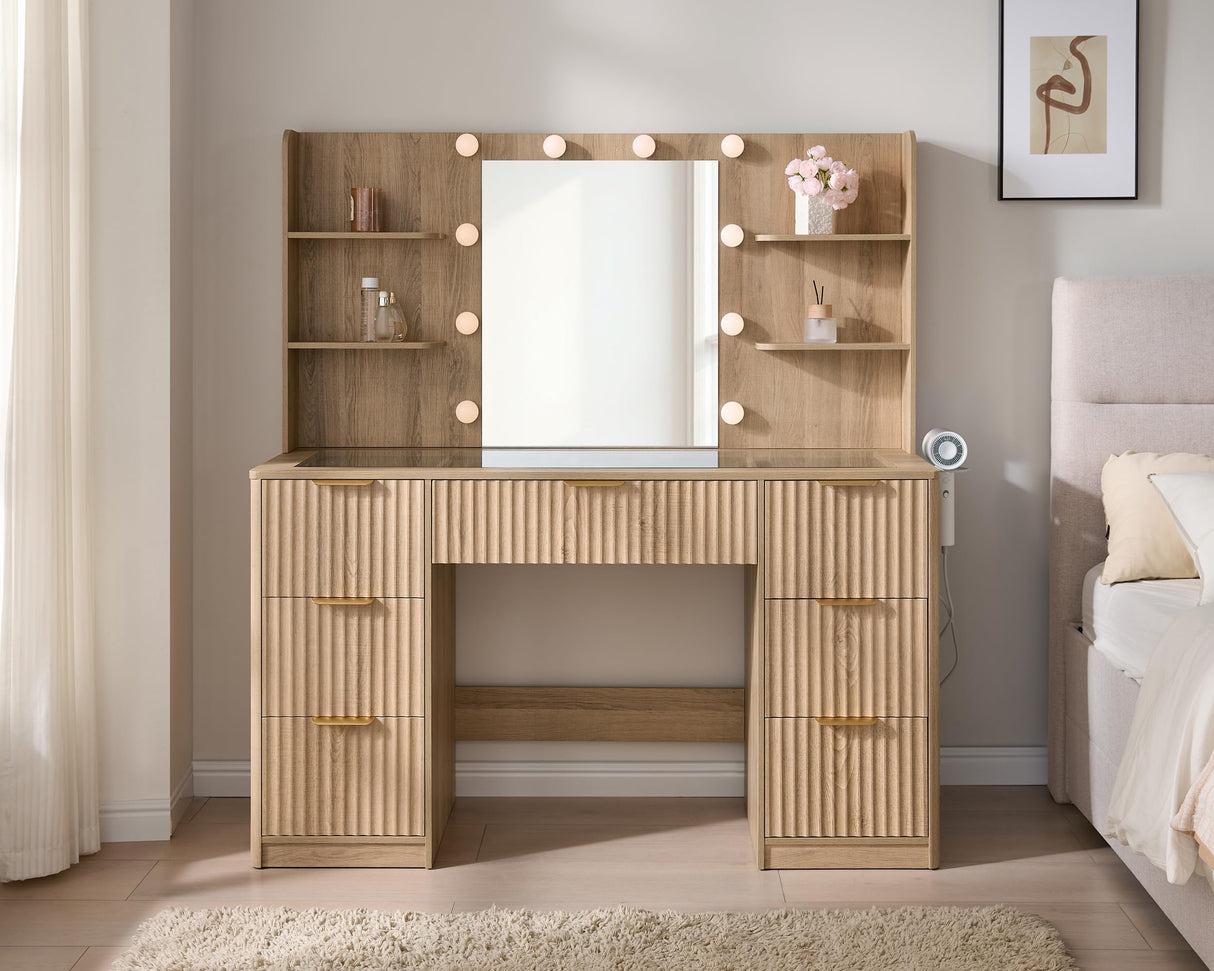 AMERLIFE 47.2" Fluted Vanity Desk with Mirror and Adjustable LED Lights, Large 7 Drawers Makeup Table with Glass Top and Charging Station for Women and Girls, Bedroom or Dorm, Natural Oak AMERLIFE