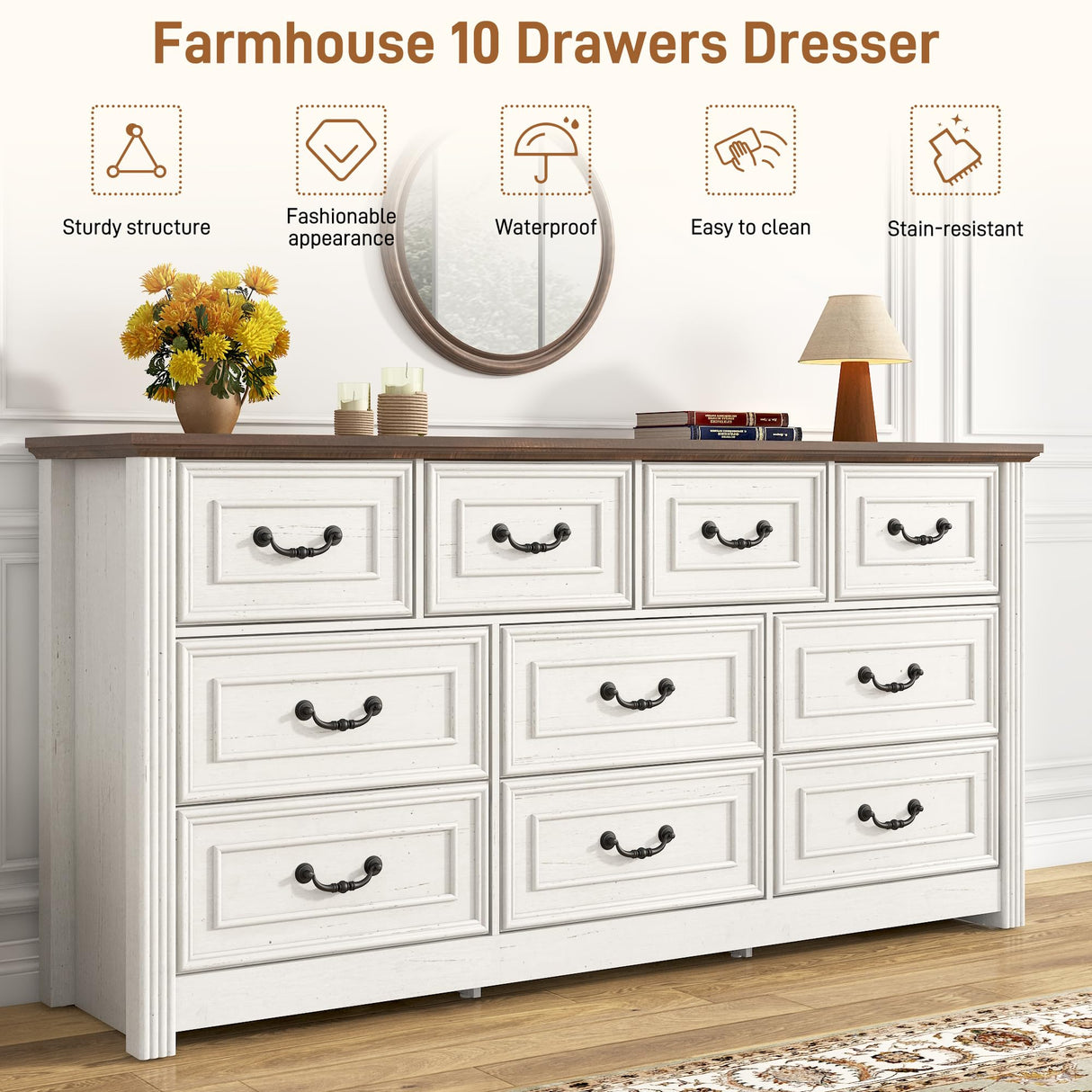 Farmhouse 10 Drawer Dresser for Bedroom,63in Large Rustic Wood Chest of Drawers with Metal Handle,TV Stands W/Storage,Long Closet Clothes Storage Organizer for Living Room Hallway Entryway(White) Hlivelood