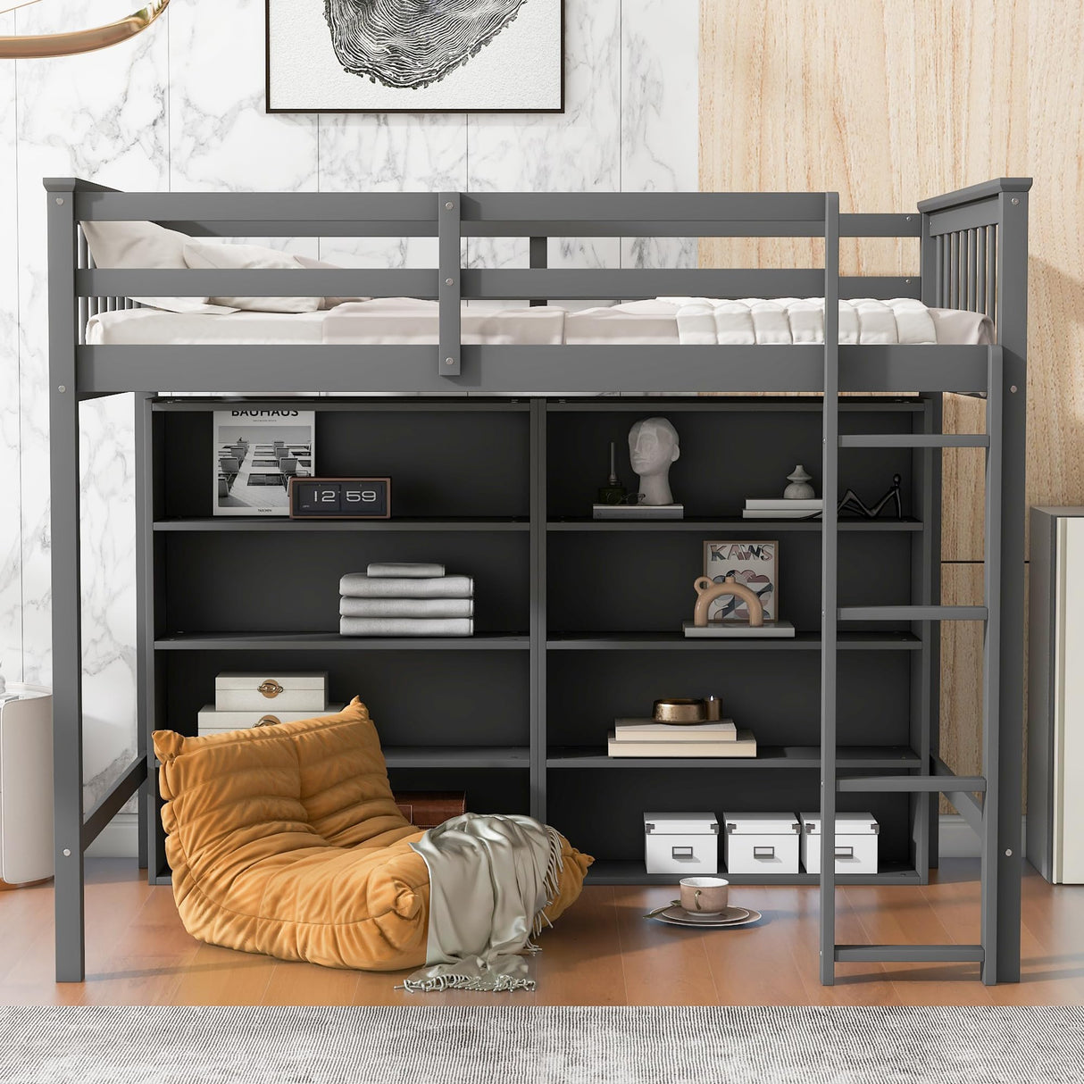 SOFTSEA Twin Size Grey Loft Bed with Open Storage and Ladder for Kids SOFTSEA