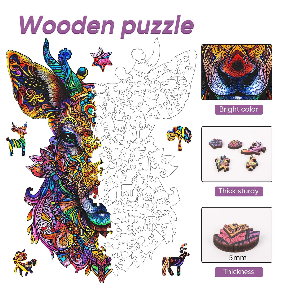 Ruikiyart Wooden Puzzles for Adults Mandala Deer Jigsaw Puzzles 200Pcs Unique Shapes Colorful Elk Animal Puzzles Fabulous Gift for Kids and Adults on Birthday,Thanksgiving,Christmas 9.4x12.2 Inches Ruikiyart