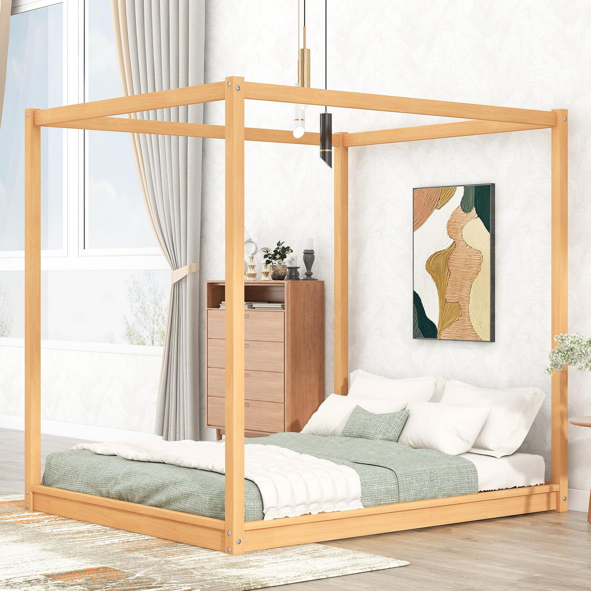Queen Size Canopy Bed Frame, Wood Floor Canopy Bed Frame, Four Poster Canopy Platform Bed with Wooden Slats Support for Adults, Solid Wood 4-Poster Bed, Wood Floor Bed Frame with 4 Posters, Natural MaiDeHaoo