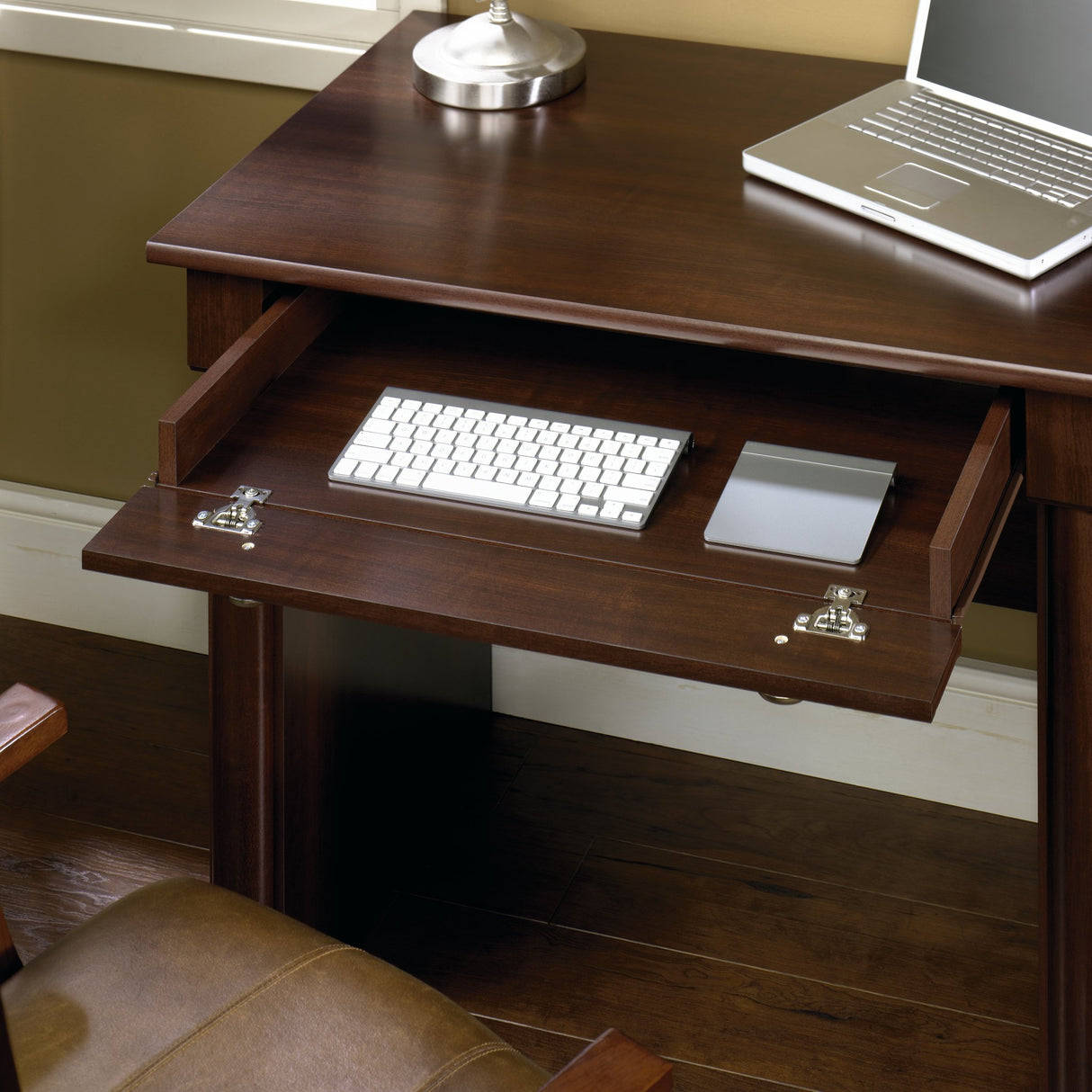Sauder Palladia Computer Desk with Drawers, Home Office Desk with File Cabinet Storage Drawer, Cable Management, Keyboard Tray, in Select Cherry Finish Sauder