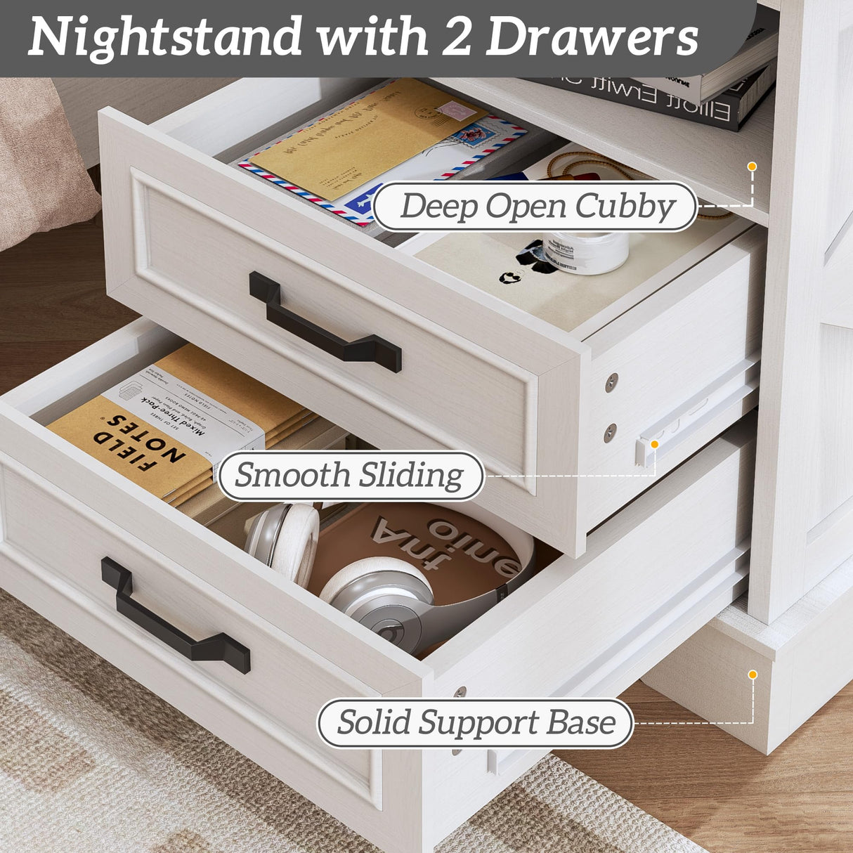 Fluest 24" Tall Farmhouse Nightstands Set of 2, Night Stands with Charging Station, Beside Tables with Drawers and Open Storage, Rustic End Tables for Bedroom, Antique White Fluest