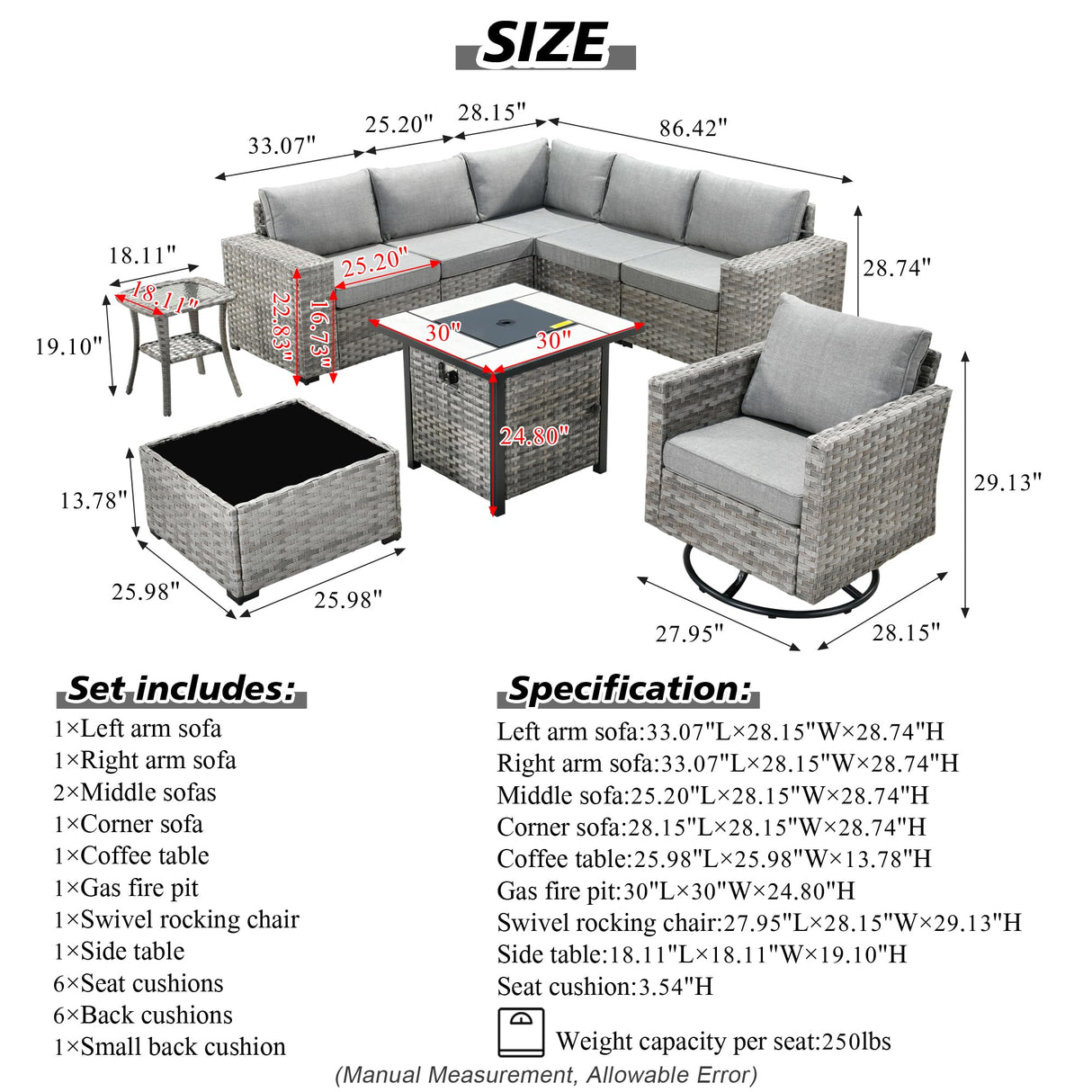 HOOOWOOO Outdoor Patio Sectional Furniture Sofa Set with Propane Gas Fire Pit Table,9 Piece Modern Wicker Couch with Swivel Chair,Modular L Shaped Conversation Seating Set with Wide Arm(Dark Grey) HOOOWOOO