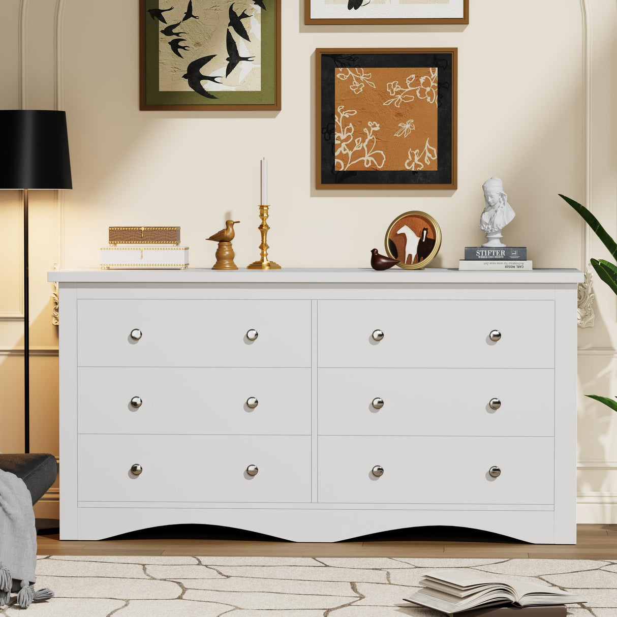 YESHOMY Dresser for Bedroom with 6 Drawers, Modern Chest of Drawers, Wooden Dressers, TV Stand for Living Room,Closet, Hallway (White)