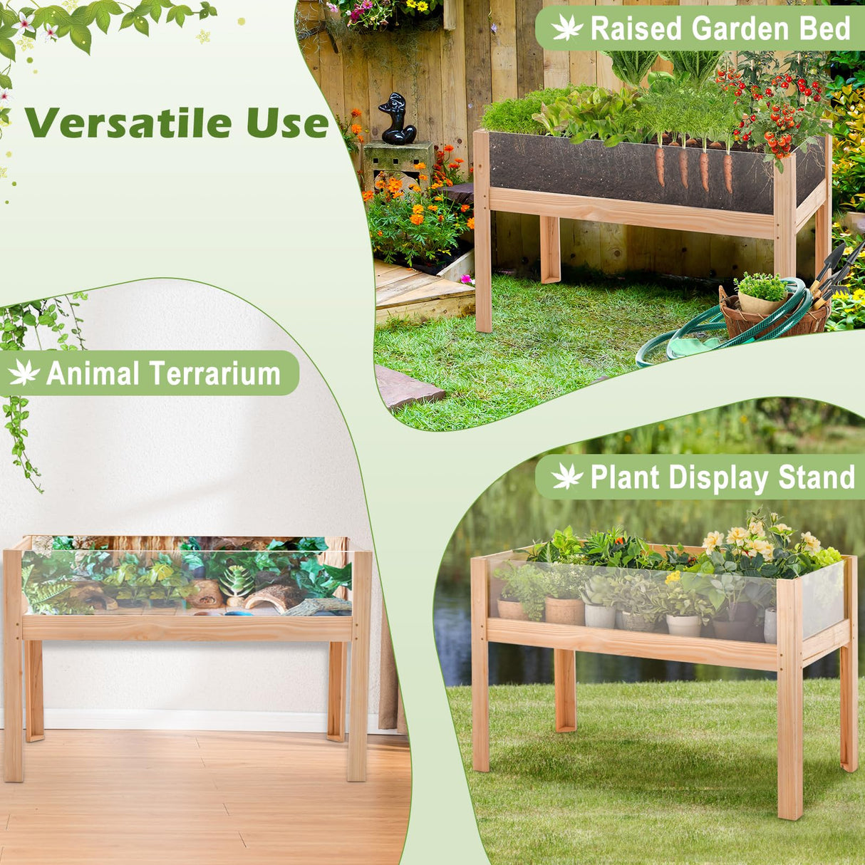 HAPPYGRILL Raised Wooden Garden Bed with Legs, 31” Elevated Planter Box with 2 Acrylic Panel Sides, Drain Holes, Movable Beds, Plant Terrarium with Stand for Vegetables, Fruits, Herbs, Flowers HAPPYGRILL