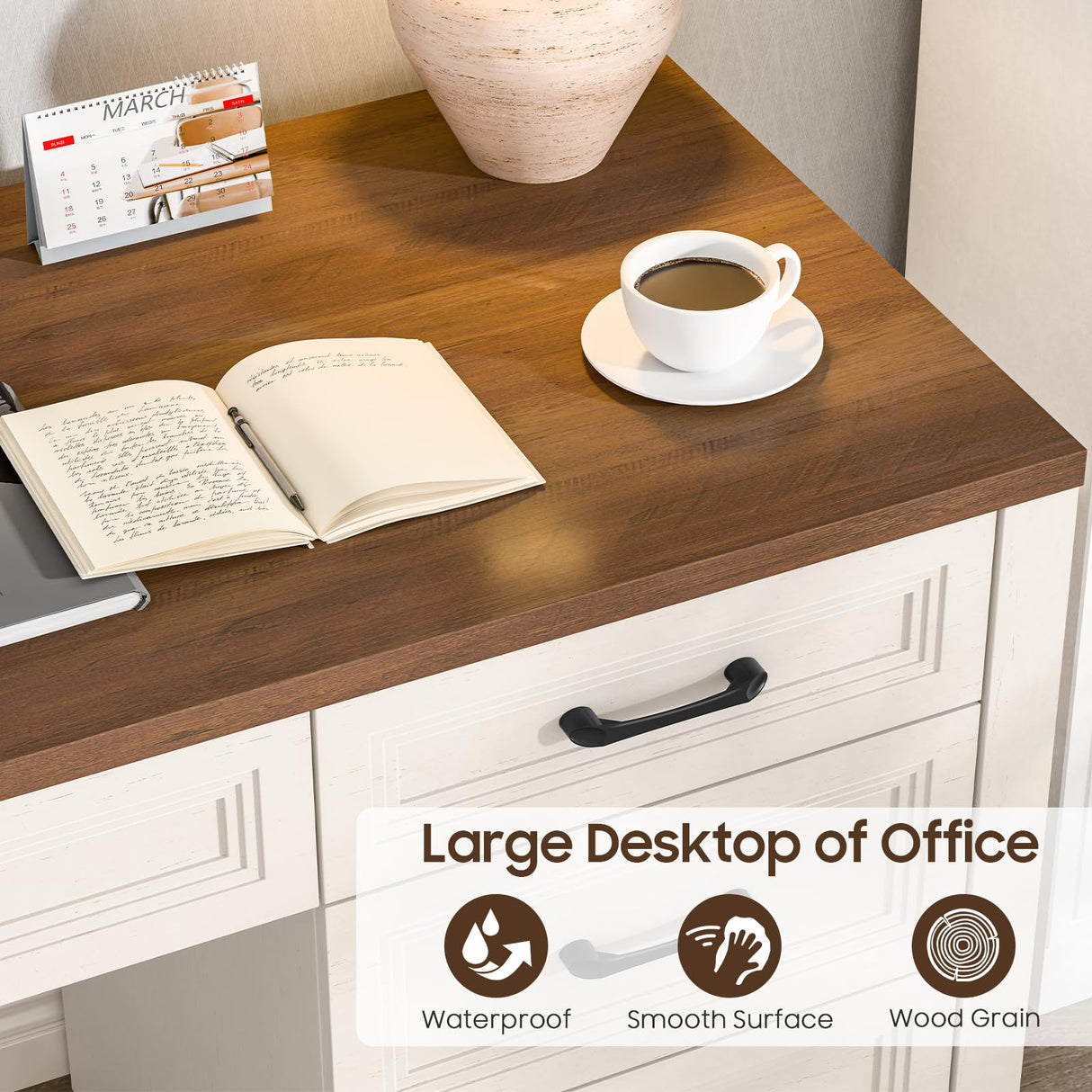 Vabches Farmhouse Executive Desk with Storage and Ample File Drawer, Rustic Large Home Writing Desk for Bedroom, White Vabches