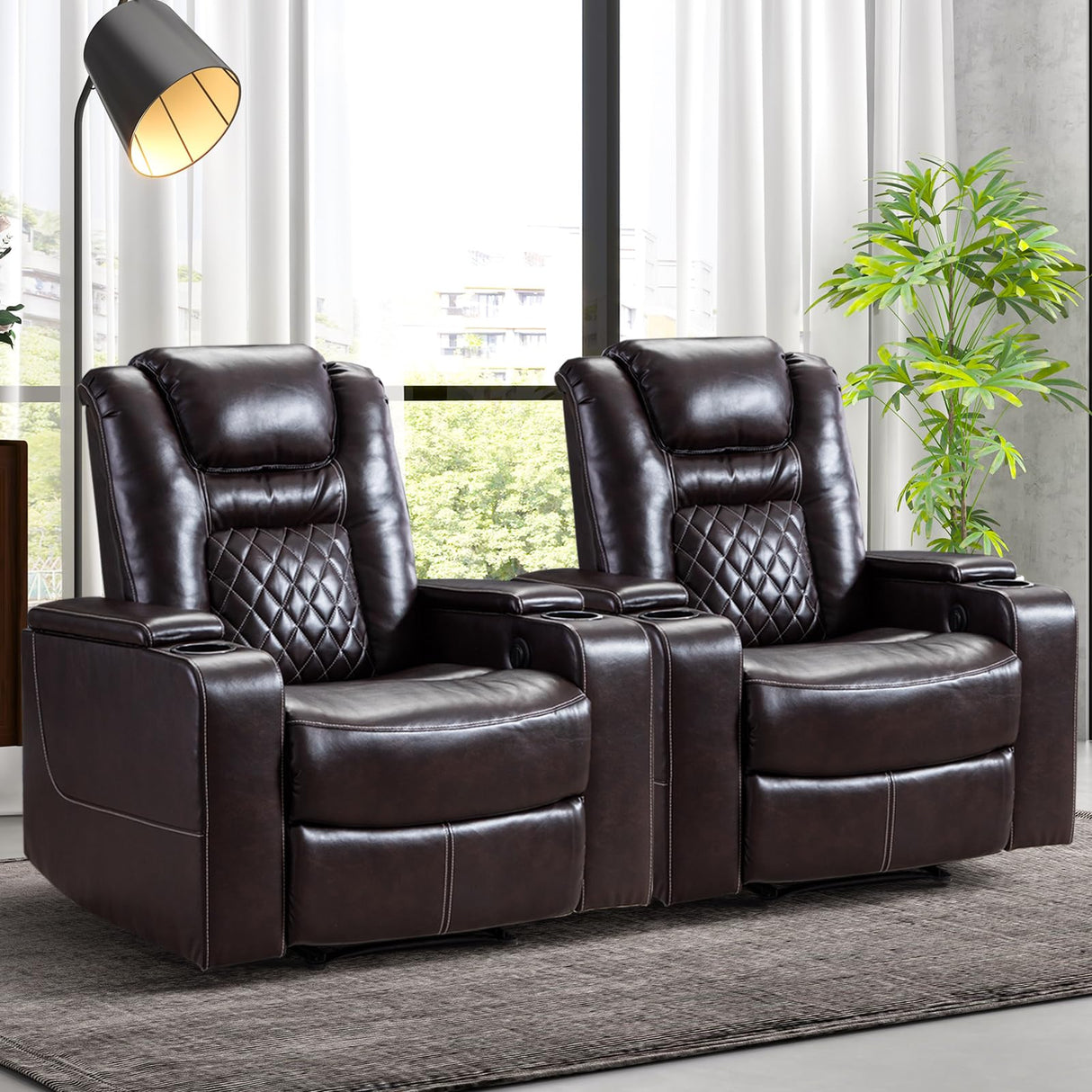 CANMOV Electric Power Recliner Chair Set of 2, Breathable Leather Home Theater Seating with Hidden Arm Storage, Power Recliner Chair for Living Room with USB Ports and Cup Holders,Brown CANMOV