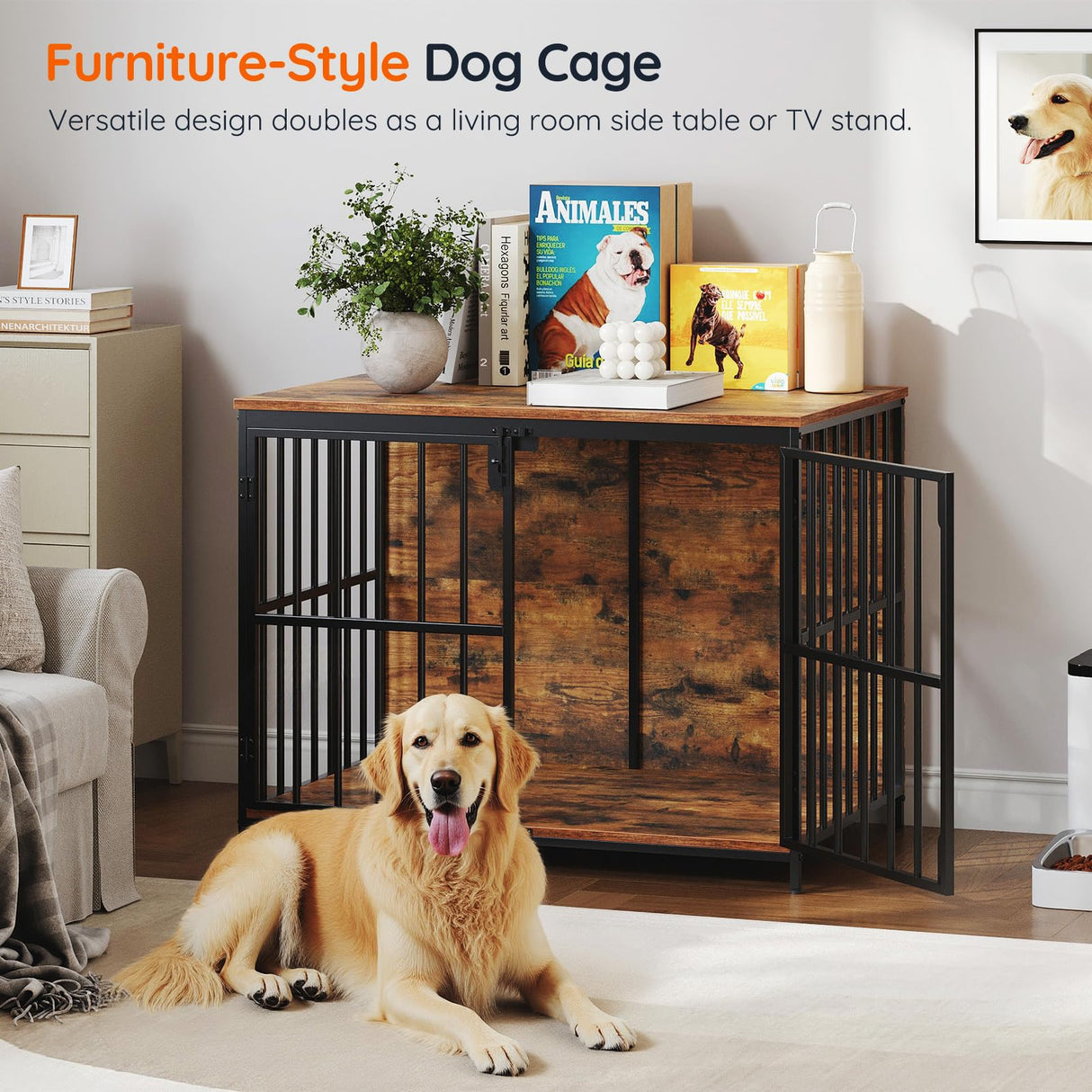 HOOBRO 38.6" Dog Crate Furniture, Wooden Indoor Dog Kennel, Decorative Dog Crate End Table, Chew-Resistant Heavy Duty Dog Crate for Small/Medium Dog, Rustic Brown and Black BF100GW03 HOOBRO