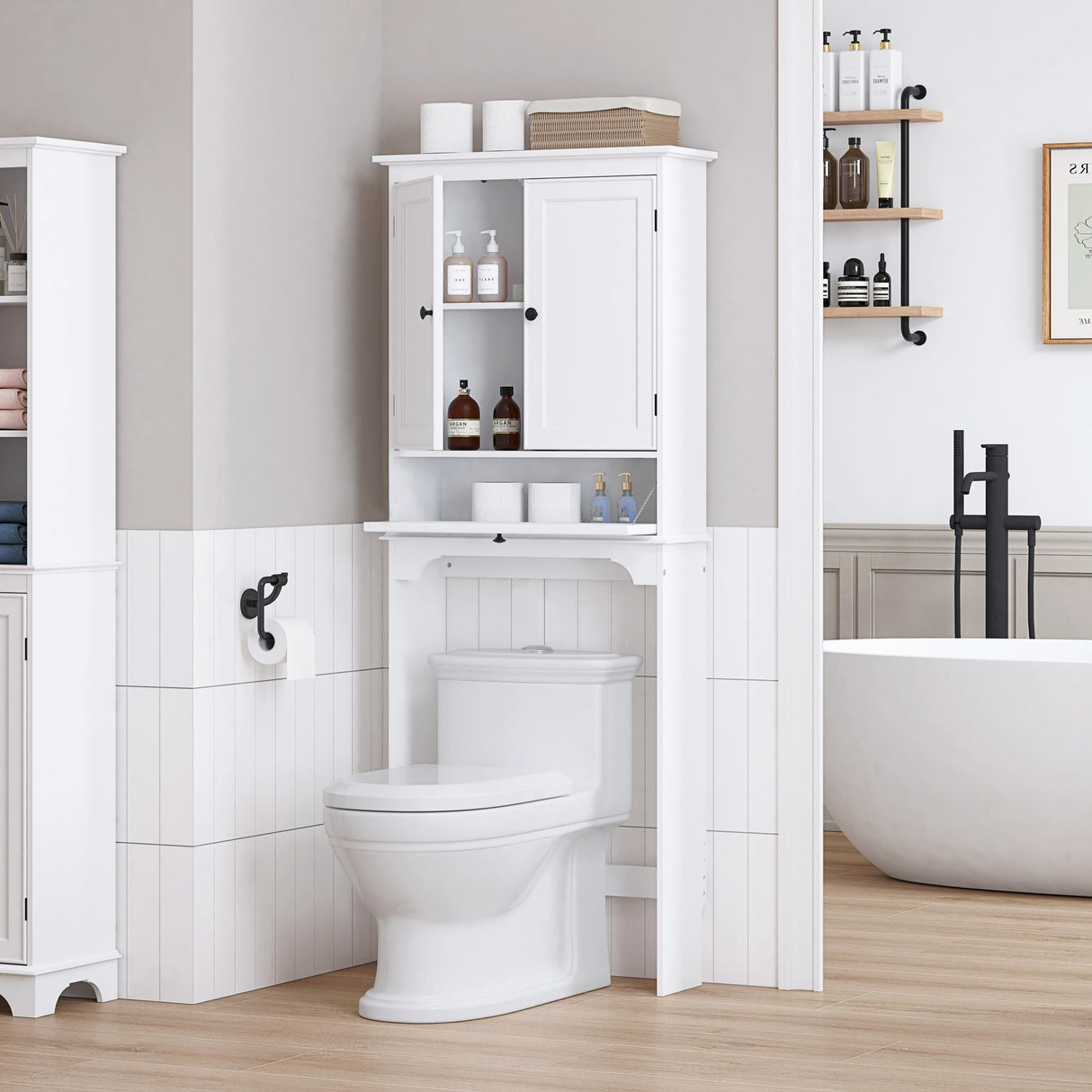 Spirich Over The Toilet Storage Cabinet, Bathroom Above Toilet Storage Cabinet with Doors and Adjustable Shelves, White Spirich