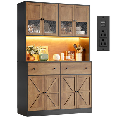 FINETONES 71" Pantry Cabinet with LED Light and Charging Station, Farmhouse Kitchen Pantry Cabinet with Microwave Stand, 47.2" Wide Kitchen Hutch Food Pantry with Open Countertop, Black/Brown