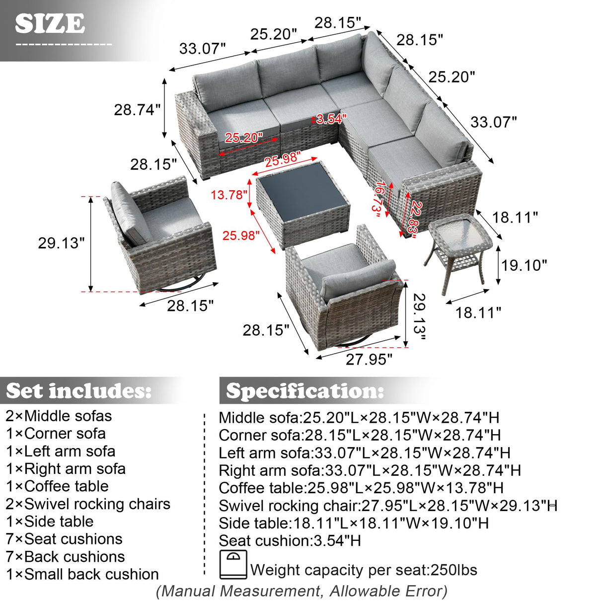 HOOOWOOO 9 Piece Modular Patio Outdoor Sectional Furniture Set with Swivel Rocking Chairs,Wicker Conversation Sofa Set,Outside Couch Set with Wide Arm(Dark Grey) HOOOWOOO