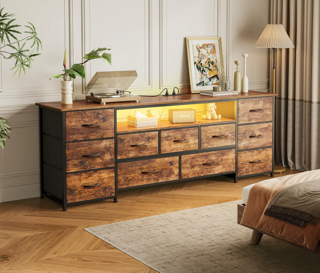 Huuger 63 Inch TV Stand for 65, 70 Inch TV, 11 Drawer Long Dresser with Power Outlets and LED Lights, Entertainment Center with Storage, Rustic Brown Dresser with PU Leather Surface Huuger