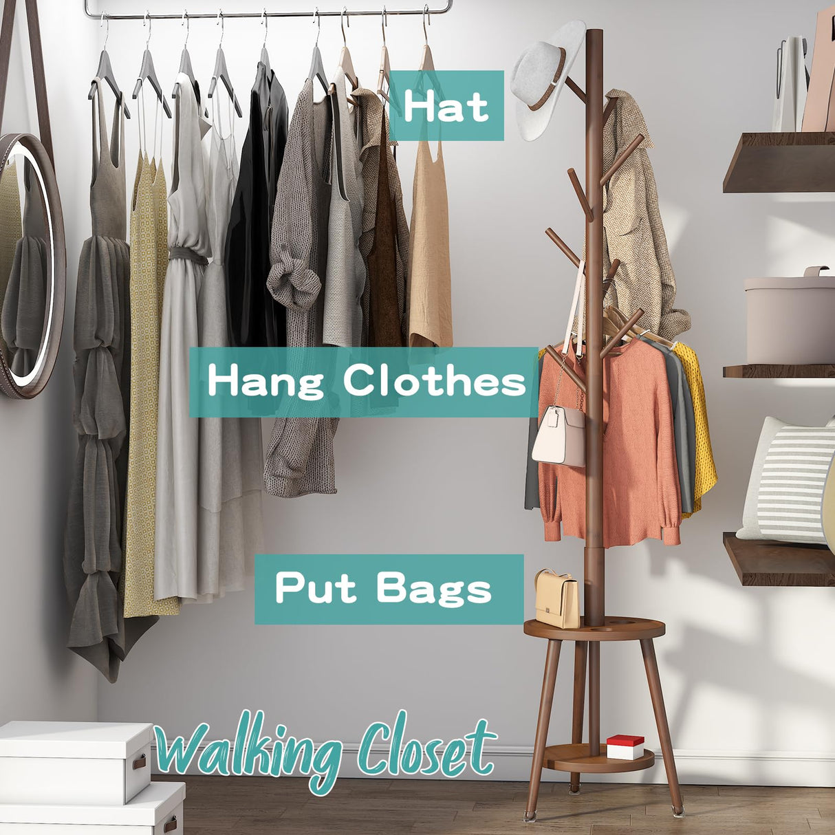 Vriccc Bamboo Wood Coat Rack, Coat Rack with Umbrella Holder, Adjustable Height Wooden Coat Stand with 8 Hooks, kids coat rack, Used In The Bedroom Living Room, Office To Hang Clothes, Hats, Bags Vriccc