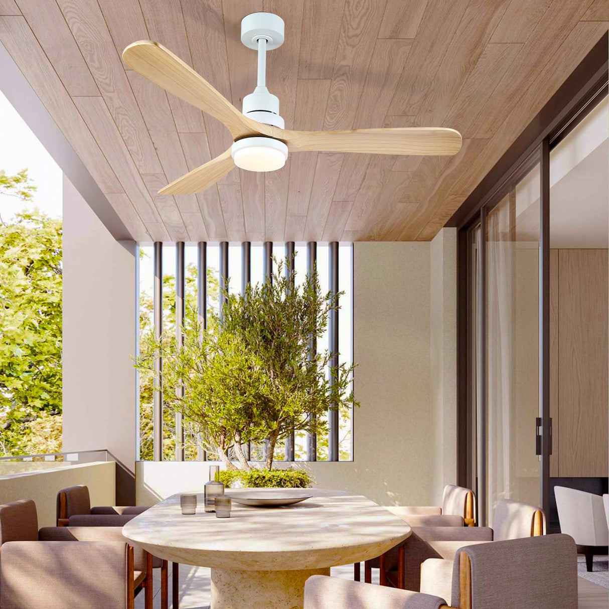 Mpayel 52" Wood Ceiling Fan - Farmhouse Ceiling Fan Light with 3 Solid Wood Reversible Blades, 6 Speeds, Indoor Outdoor Ceiling Fan for Patios, White Mpayel