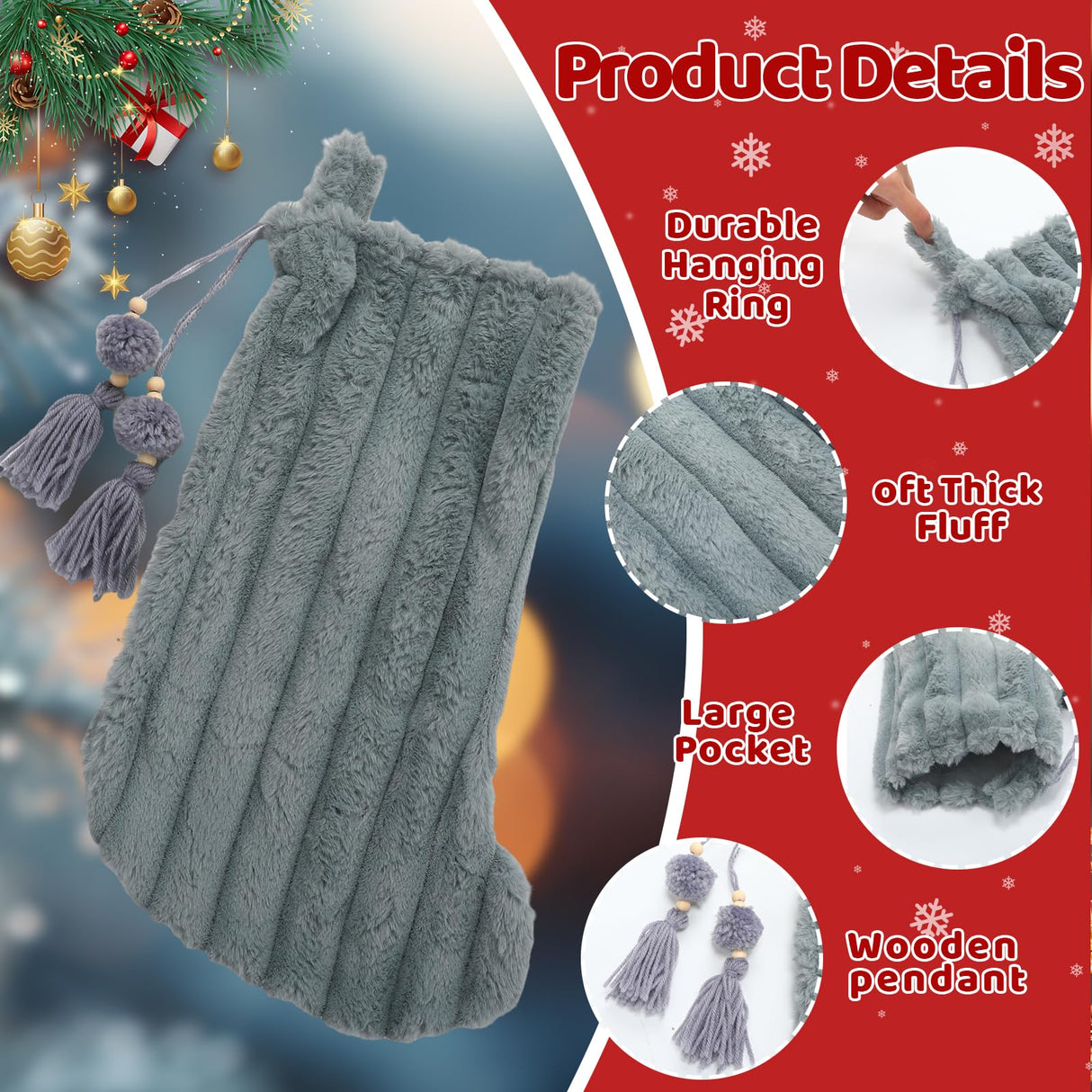 RoundFunny 4 Pcs Christmas Stockings, 18 Inch Striped Plush Faux Fur Xmas Stocking with Pendant, Large Thick Plush Hanging Stockings for Family Holiday Party Fireplace Stairs Decorations RoundFunny