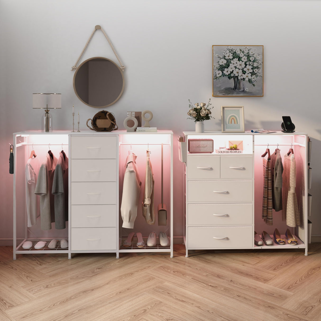 Espelism Dresser for Bedroom with Clothes Rack 5 Drawer Dresser with Charging Station LED Lights White Chest of Drawers Flexible Shelf and Open Storage Space for Bedroom Living Room (White) Espelism