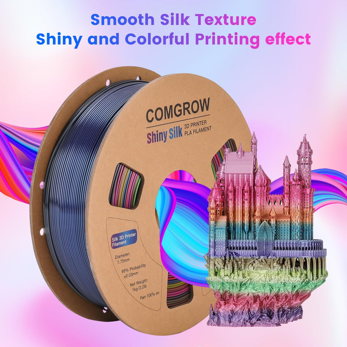 Comgrow Rainbow Colors Silk PLA 3D Printer Filament, Rainbow PLA Filament 1.75mm, Dimensional Accuracy +/- 0.02 mm, 1KG Spool, Coextrusion 3D Filament with Shiny Silk Rainbow Red Comgrow