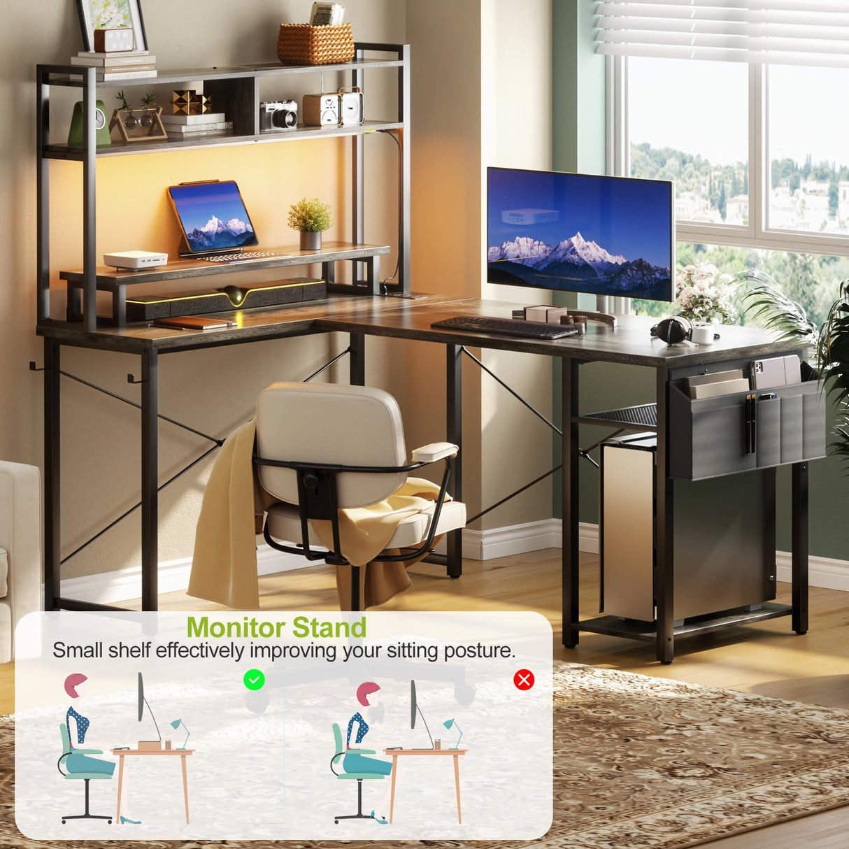 Besiost Small L Shaped Gaming Desk with Power Outlets, 48" Reversible L Shaped LED Computer Desk with Monitor Stand & Storage Shelf, Corner Gamer Desk Home Office Desk with Storage Bag, Black Oak Besiost