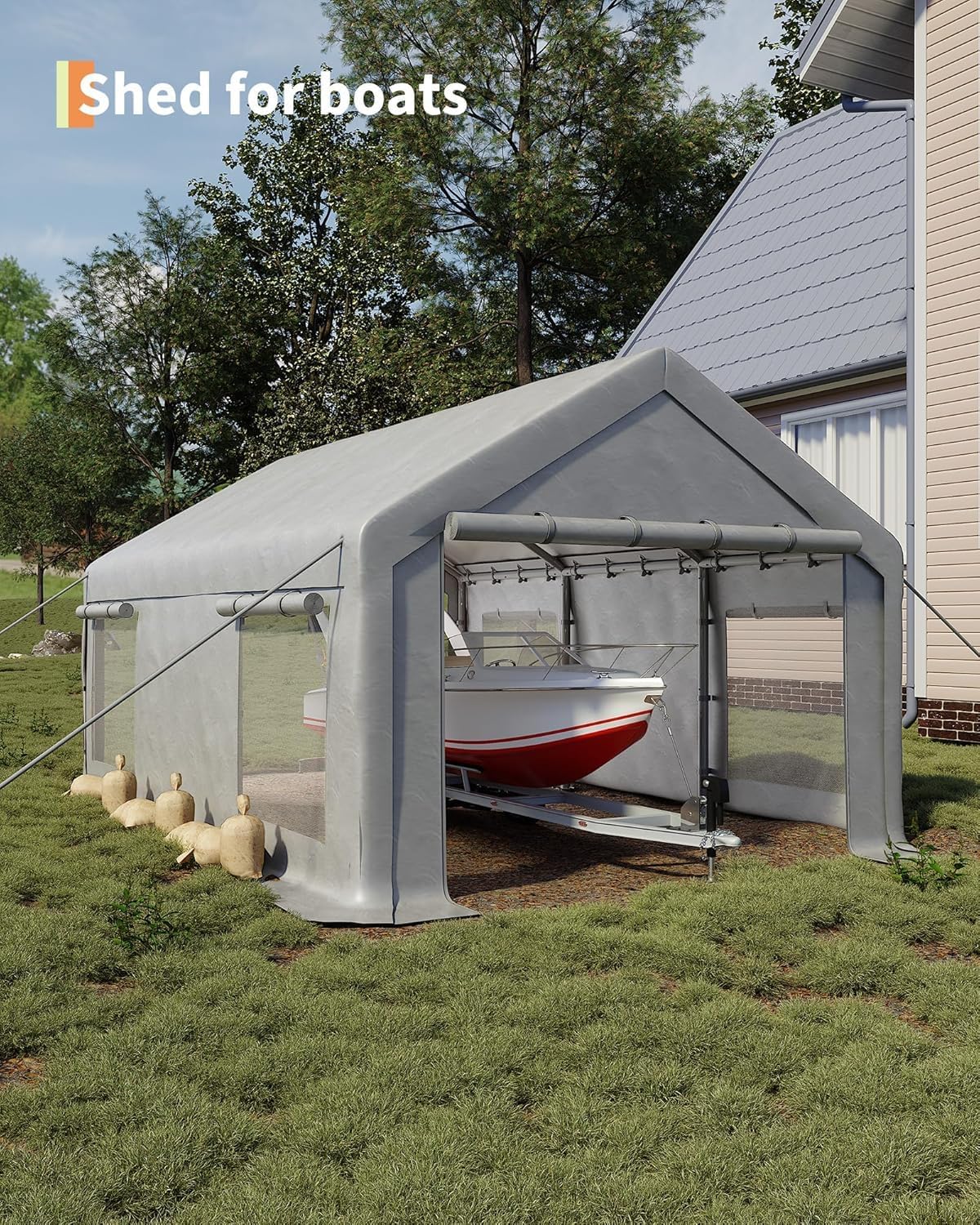12 x 20FT Heavy Duty Carport with Roll-Up Windows, Portable Garage with Removable Sidewalls & Doors, Portable Car Tent Garage with Roll-Up Windows and All-Season Tarp, for Car, Truck, Curtainboro