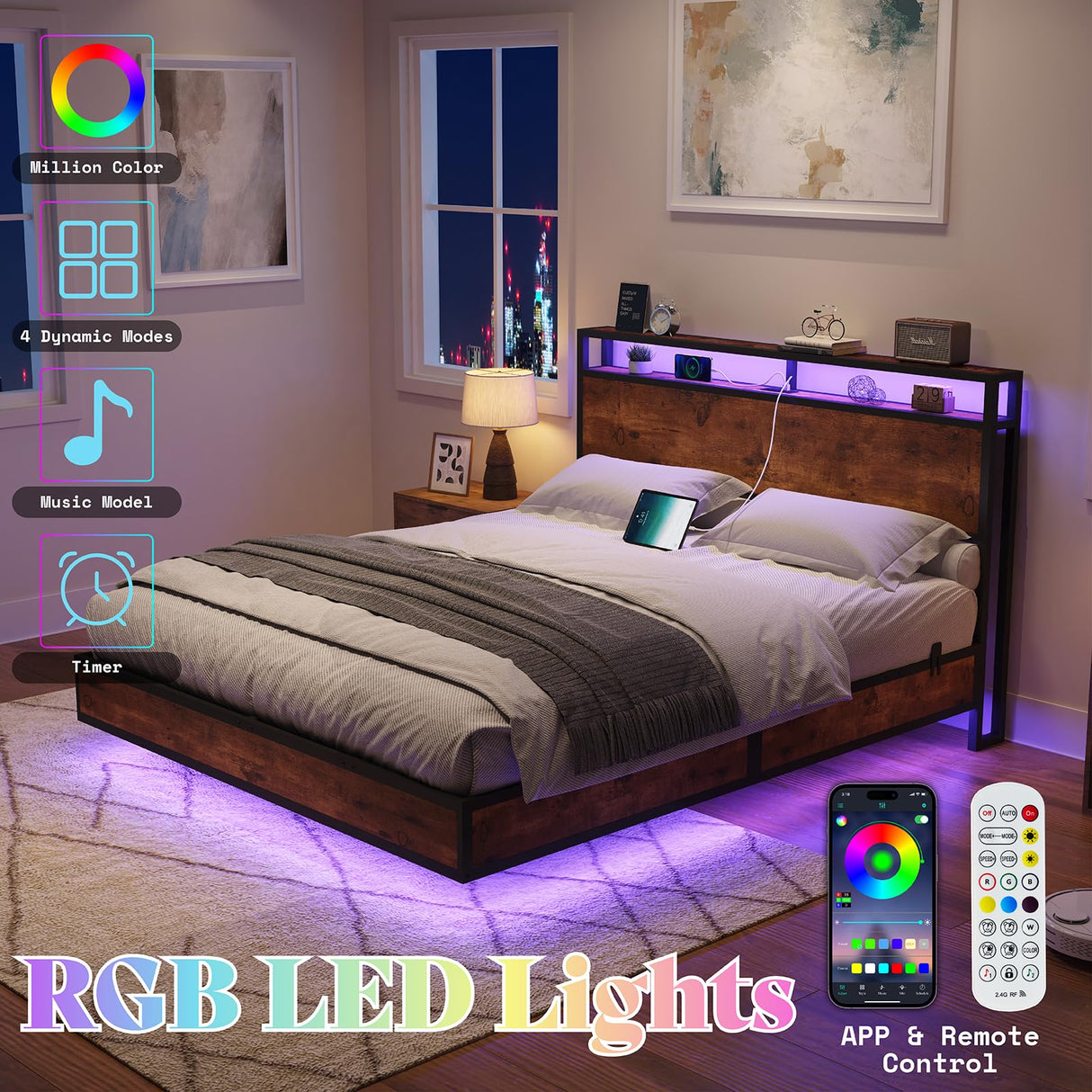 AMERLIFE Full Size Floating Bed Frame with LED Storage Headboard & Charging Station in Rustic Brown AMERLIFE