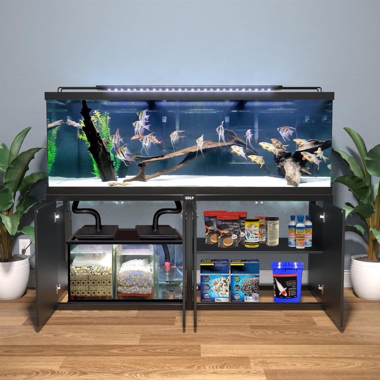 GDLF 125-150 Gallon Fish Tank Stand, Heavy Duty Metal Aquarium Stand with Power Outlet and Cabinet for Fish Tank Filters and Accessories,72.8" L*18.9" W,2200LBS Capacity (Stand Only) GDLF
