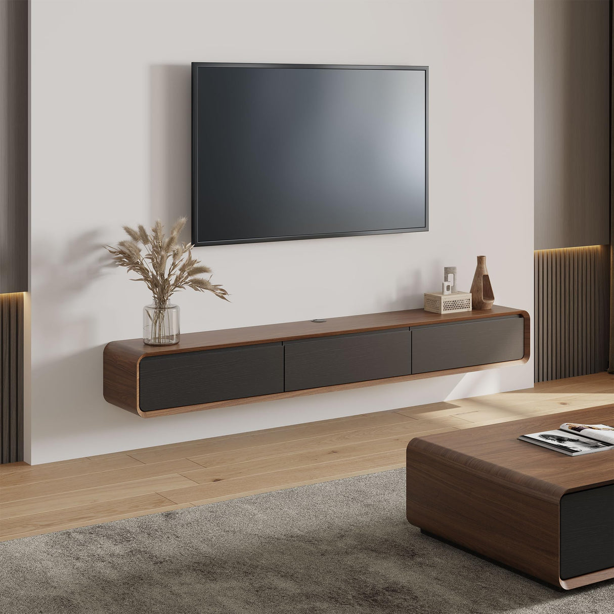 POVISON DONICY Fully-Assembled Minimalist Floating TV Stand, Modern Wall-Mounted Entertainment Center with 3 Drawers, Solid Wood, Walnut Veneer, 78" POVISON DONICY