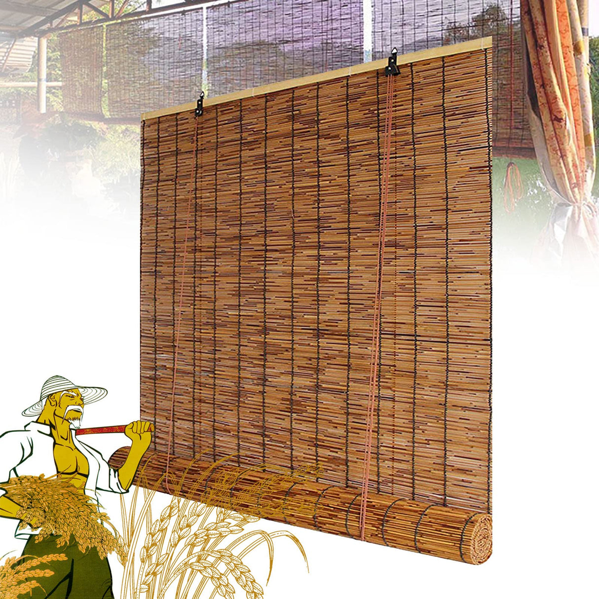 Patio Shades Roll Up Outdoor Bamboo Blinds for Outdoor Patio Bamboo Roll Up Shades, Bamboo Shades for Patio Outdoor Blinds for Porch Bamboo Roll Up Blinds 35×79in(W×H) Brown OCAZI