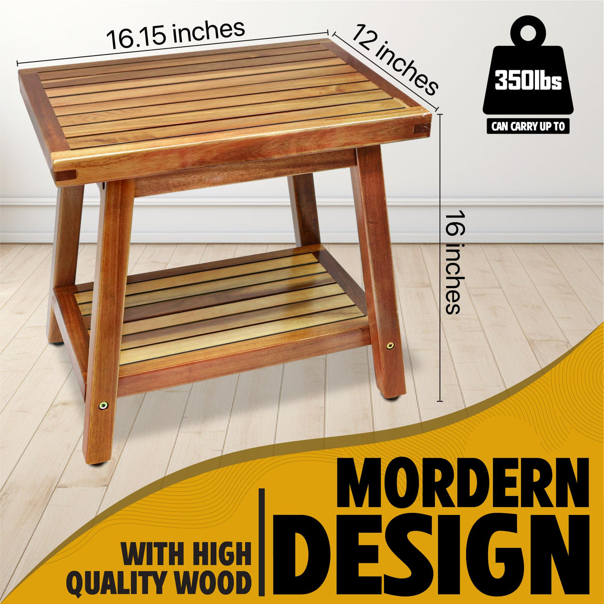 SENSUNIQ Corner Shower Stool 16 in, Brown Sturdy Shower Bench Seat with Storage Shelf - Leg Shaving, Sitting, Towels Holder, Step Foot Rest Shaving Stool - Easy Assemble SENSUNIQ