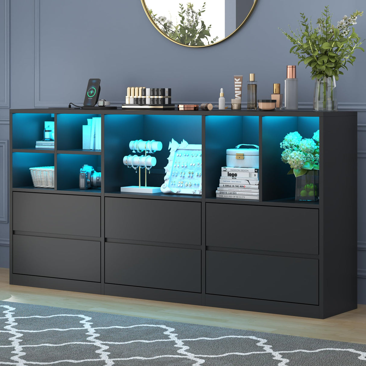 6 Drawers Dresser with 7 Storage Cubbies, LED Chest of Drawers with Power Outlet, 63" Triple Wide Long Dresser Organizer for Bedroom, Modern TV Stand with Open Shelf for Living Room, Entryway (Black) Gyfimoie