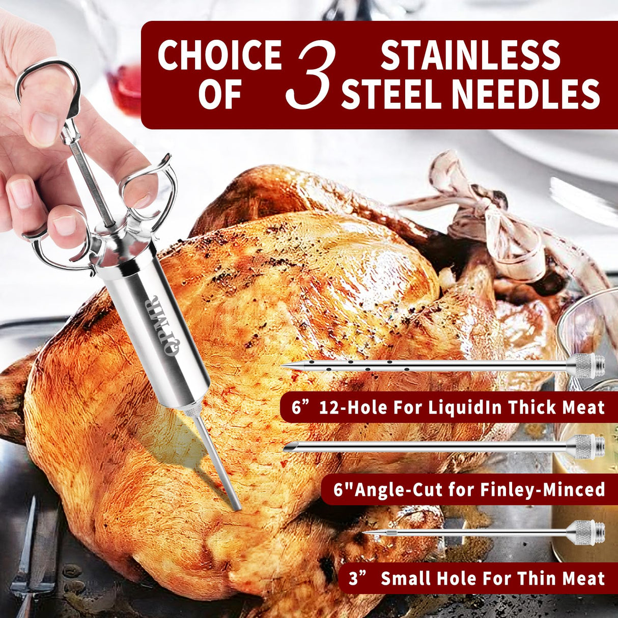 QPMR Meat Injector Syringe Kit, 2-oz Large Capacity Marinade Turkey Injector with 3pcs Stainless Steel Marinade Injector Needles for BBQ Grill Smoker & Turkey & Brisket QPMR