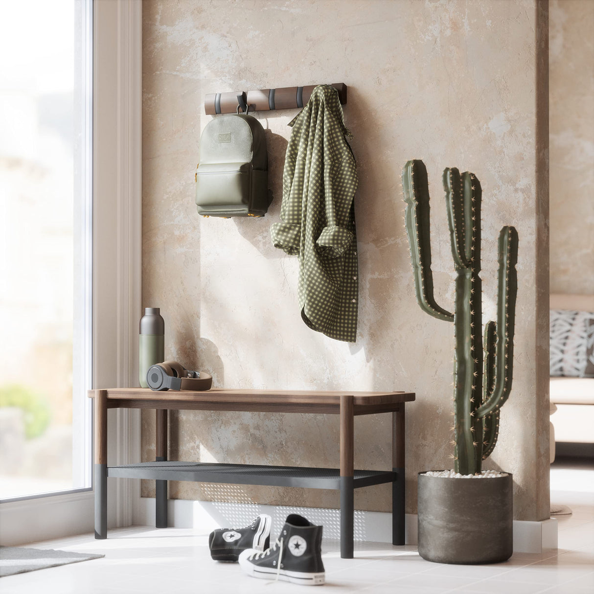 Umbra Flip Wall-Mounted Coat Rack Rail Hook for Hats, Jackets, Bags and More – Modern, Space-Saving Storage Organizer for Entryway, Mudroom, Closet, Bathroom, Bedroom, Kids Room, or Nursery, 5 Hooks, Walnut/Black Umbra