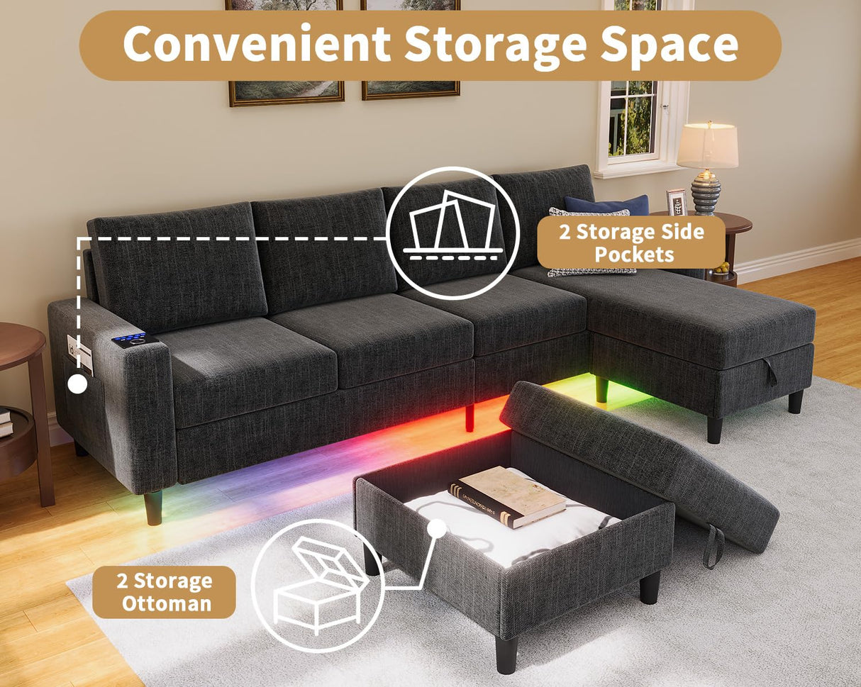 Yzyuankeji Smart Sectional Couches for Living Room, 6 Seat U/L Shaped Sectional Sofa with RGB Light/Charging, Modern Living Room Furniture for Apartments/Office/More (Dark Grey) Yzyuankeji