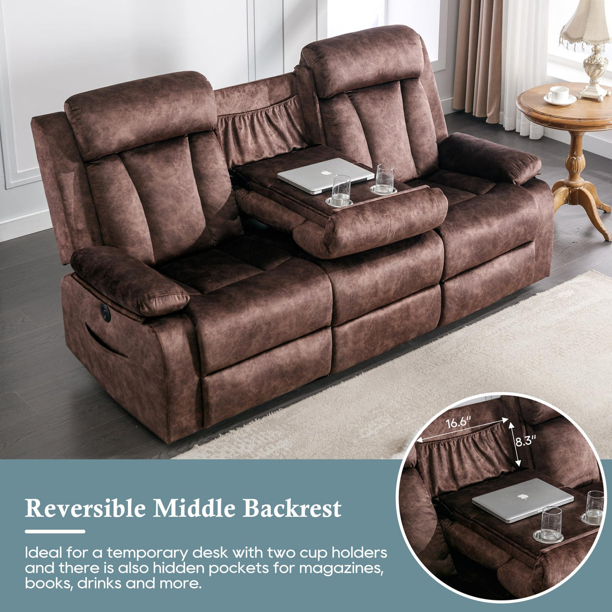 GUEAPY Power Reclining Sofa – 3 Seater Reclining Couch with Massage & Heat, Drop-Down Table, USB & Type-C Charging Ports, Cup Holders, Dutch Velvet,Power Sofa for RV,Media Room & Living Room GUEAPY