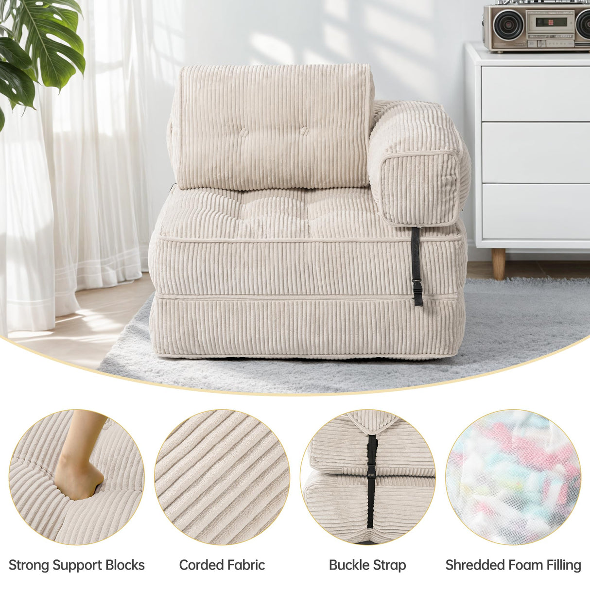 Airynee Convertible Folding Sofa Bed, L- Shaped Sleeper Chair Bed with Armrest and Pillow, Fold Out Sleeper Sofa, Comfortable Floor Couch for Small Spaces/Living Room/Bedroom, Single, Beige Airynee