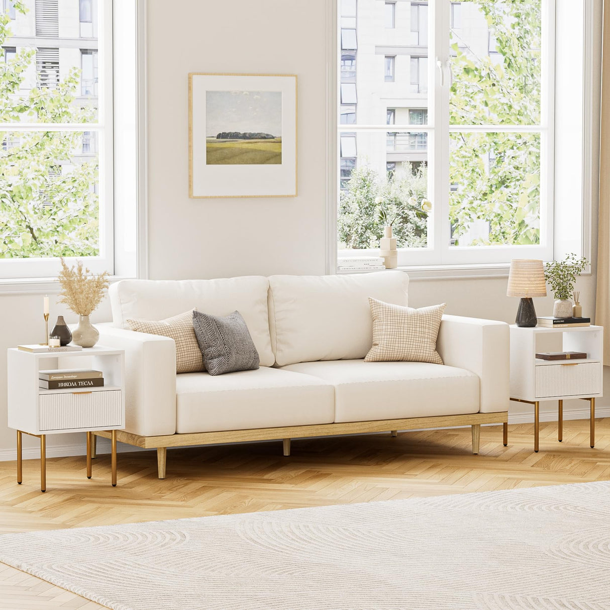 Masupu Nightstand,Mid-Century Modern Bedside Table with Storage Drawer and Open Wood Shelf,Small Gold Frame Side Table for Bedroom,Living Room,White Masupu