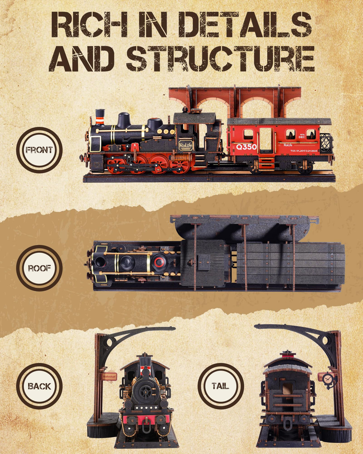 Rolife 3D Wooden Puzzle for Adults, DIY Wood Model Train Sets, Mechanical Vehicle Model Building Kits-Brain Teaser Puzzle Toys with 365 Pcs-Creative Birthday for Kids Rolife