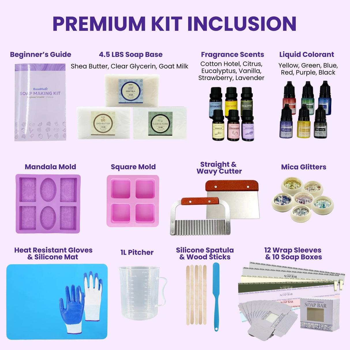 Soap Making Kit for Beginners | 4.5LBS Melt & Pour Soap Base - Shea Butter, Clear Glycerin & Goat Milk, All-in-one Soap Kit w/Molds Fragrances Colors Soap Making Tools & Supplies for Adults (Premium) BeadHub