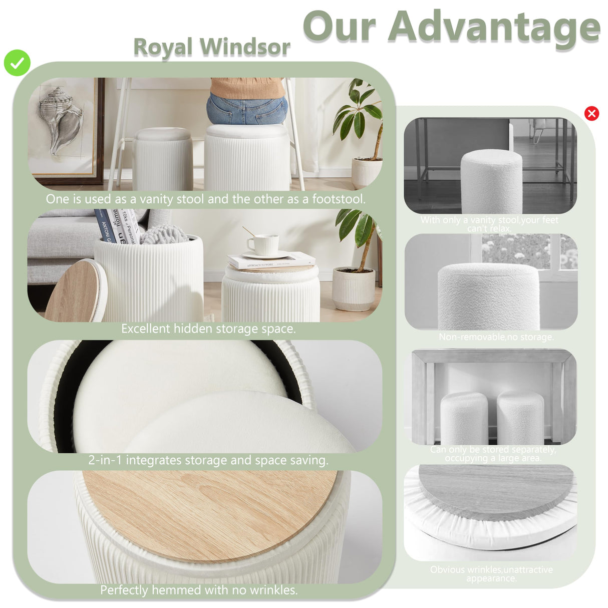 Round Ottoman with Storage Set of 2,Vanity Stool with Storage for Bedroom, Ottoman Coffee Table,Small Velvet Foot Stool Ottoman for Living Room, White Royal Windsor