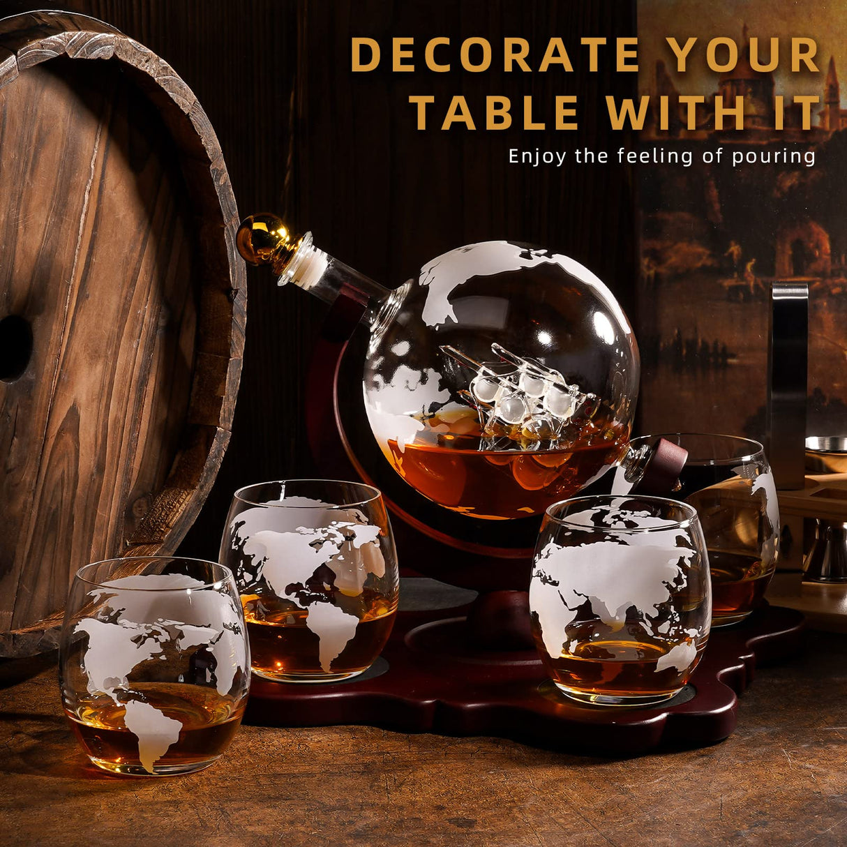 Gifts for Men Dad Husband, Whiskey Decanter Set with 4 Etched Globe Glasses, Unique Anniversary Birthday House Warming Gift for Brother Boyfriend, Cool Bourbon Presents Oaksea