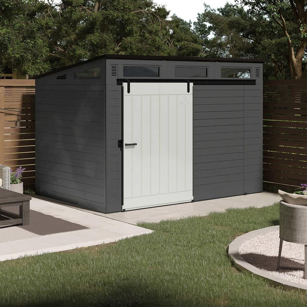 Suncast Modernist 10 Foot by 7 Foot Outdoor Plastic Storage Shed with Pad Lockable Sliding Barn Door for Outdoor Storage Items, Gray and Black Suncast