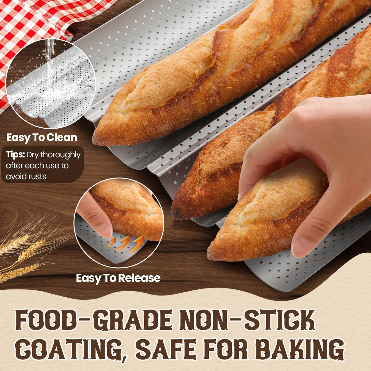 Pavsrmy Baguette Bread Pan, Premium Nonstick Perforated Baguette Pan for French Bread Baking, 4 Loaves Baguette Baking Tray for Sourdough, Italian Bread, Perfect for Creating Crisp Golden-Brown Crust Pavsrmy