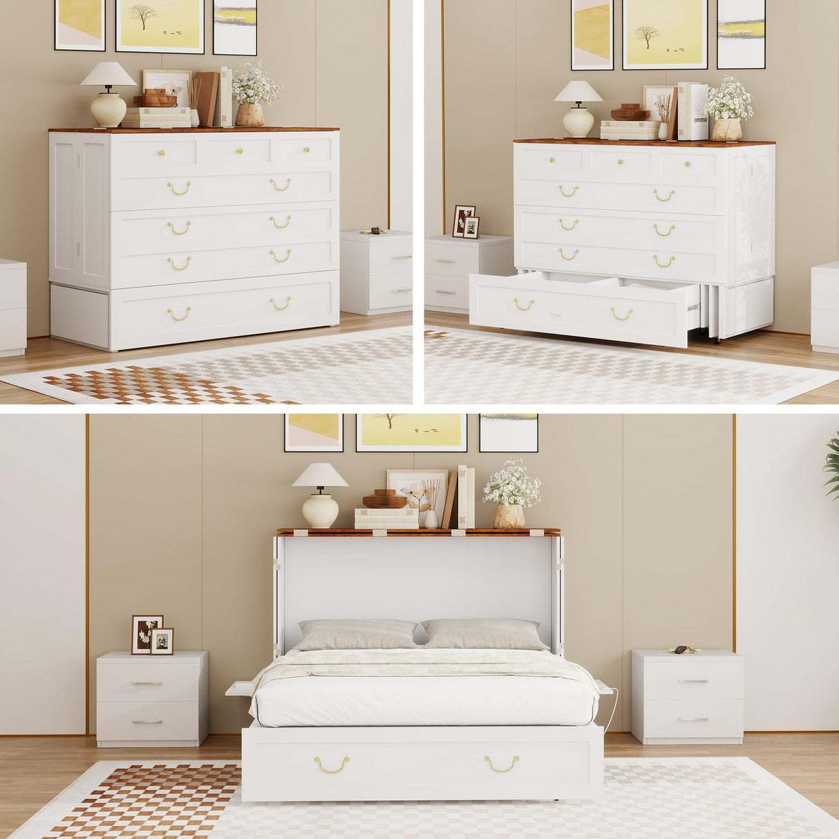 Tafeumob Murphy Bed Queen Size: Wood Murphy Bed Cabinet with Drawer Space-Saving with Shelves & Charging Station for Bedroom, Multipurpose Area, Guest Room, Apartment White (Without Mattress) Tafeumob