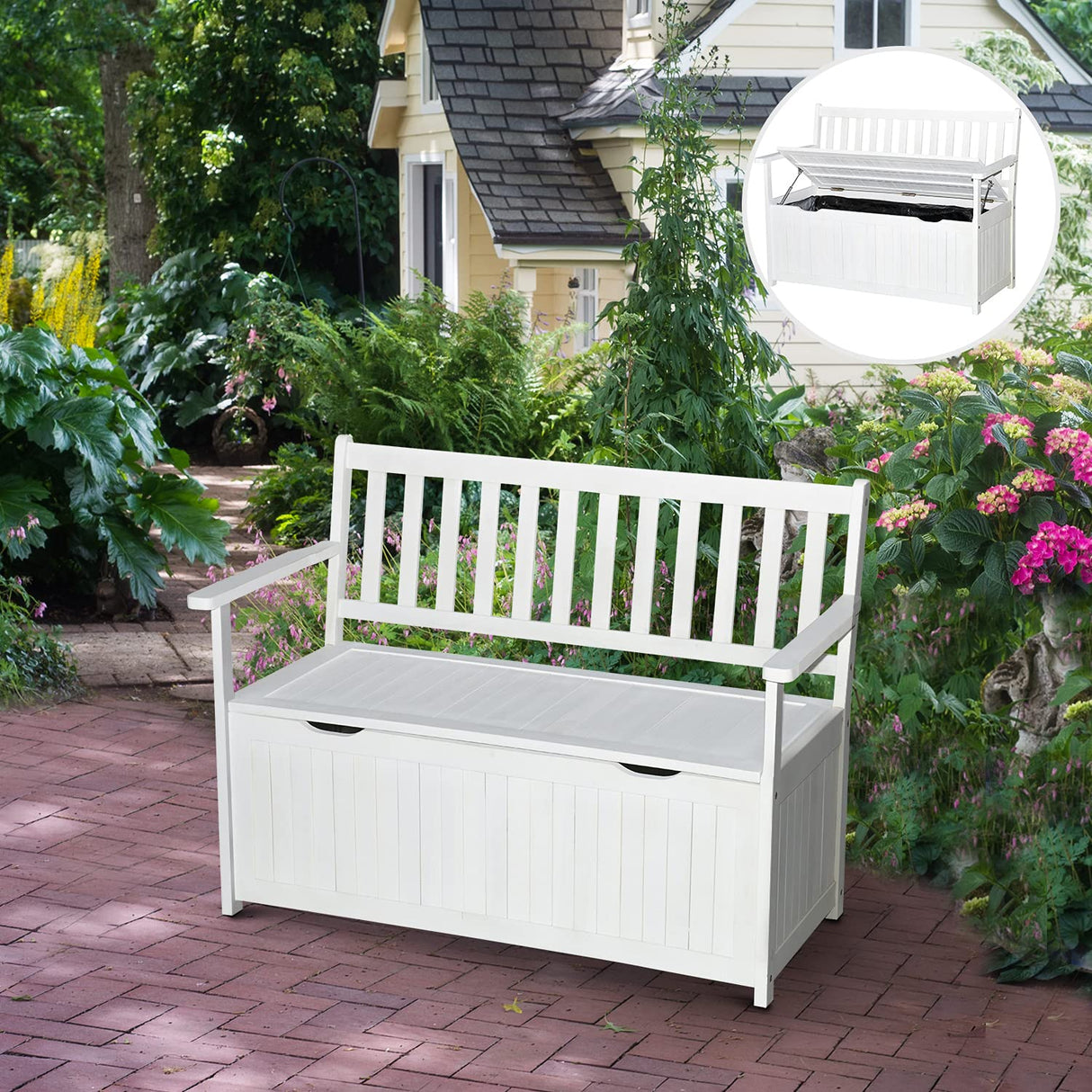 Outsunny 41 Gallon White Wooden Outdoor Storage Bench with Waterproof Lining and 2-Seat Capacity Outsunny